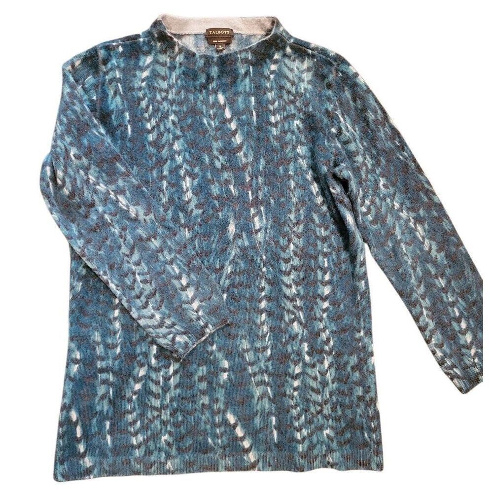 Talbots Sweater Women's Small Green Cashmere Crew Neck Pullover Pattern Feather